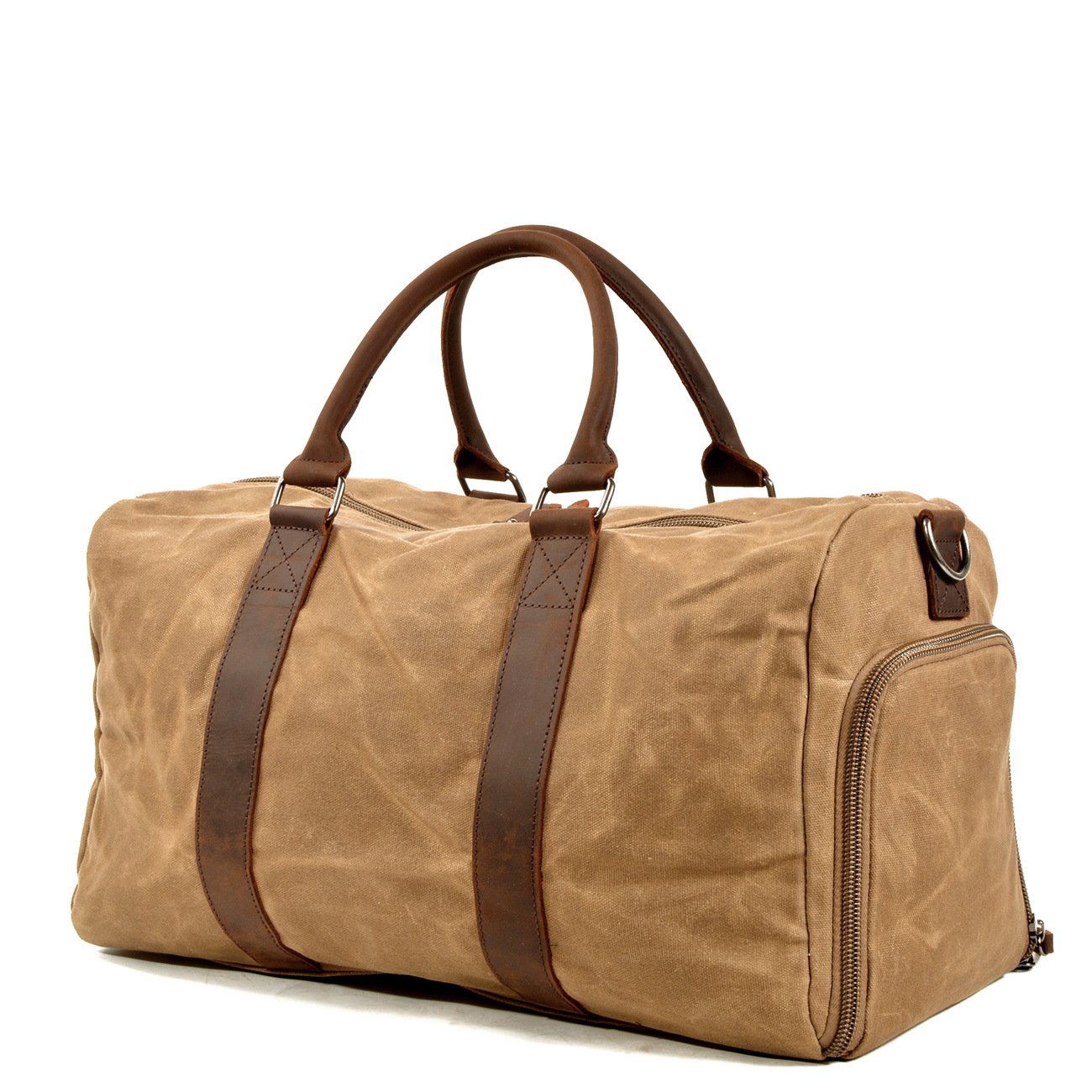 Canvas travel duffel with brown handles and a roomy zip opening